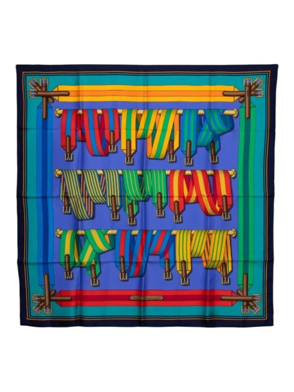 Hermes Carre 90 les Sangles Scarf Navy Blue Silk